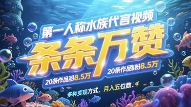 第一人称水族代言视频，条条万赞，20条作品涨粉7.8W，多种变现方式月入五位数-DE云网创