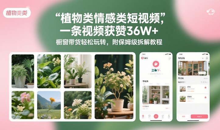 植物类情感类短视频，一条视频获赞36W+，橱窗带货轻松玩转，附保姆级拆解教程-DE云网创