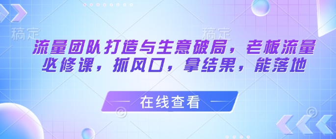 流量团队打造与生意破局，老板流量必修课，抓风口，拿结果，能落地-DE云网创