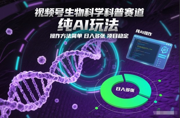 视频号生物科学科普赛道，纯AI玩法，操作方法简单，日入多张，项目稳定-DE云网创