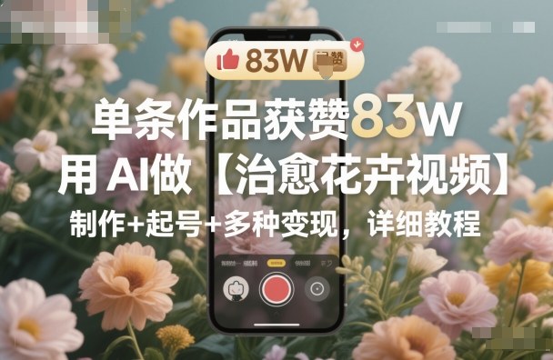 单条作品获赞83W，用AI做【治愈花卉视频】，制作+起号+多种变现，详细教程-DE云网创