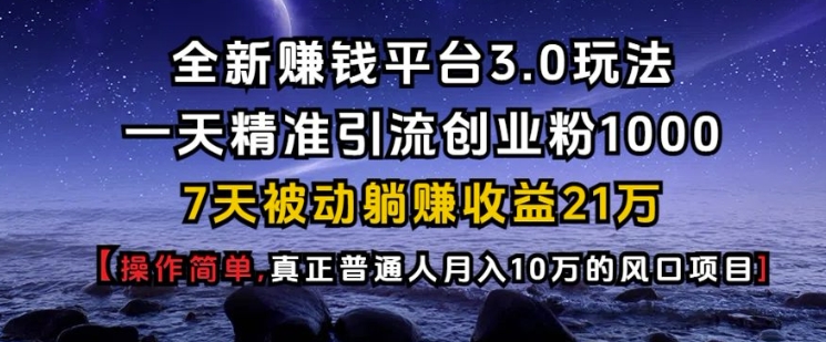 全新赚钱平台3.0玩法一天精准引流创业粉1000.7天被动躺Z收益21W【仅揭秘】-DE云网创