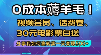 0成本薅羊毛!视频会员、话费卷、30元电影票白送，分享我如何靠转卖一天变现5张+【揭秘】-DE云网创