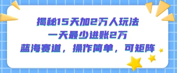 揭秘15天加2W人玩法，一天最少2万进账，蓝海赛道，操作简单，可矩阵-DE云网创
