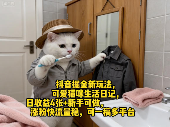 抖音掘金新玩法，可爱猫咪生活日记，日收益4张+新手可做，涨粉快流量稳，可一稿多平台-DE云网创