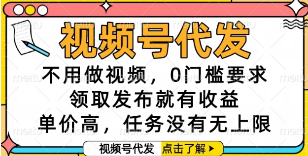 视频号代发，不用做视频，0门槛要求，领取发布就有收益，单价高，任务没有无上限【揭秘】-DE云网创