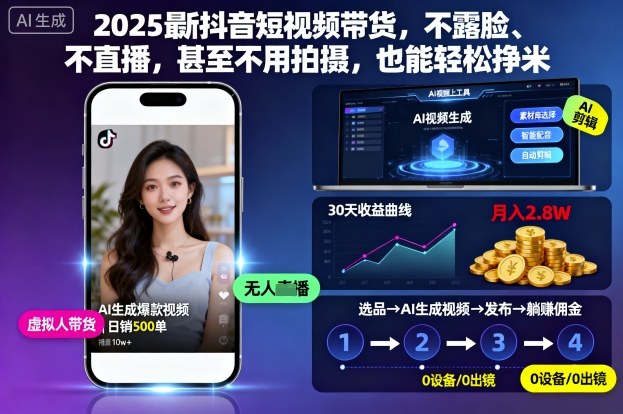 2025最新抖音短视频带货，不露脸、不直播，甚至不用拍摄，也能轻松挣米-DE云网创