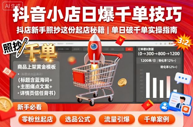 抖音小店日爆千单技巧，抖店新手照抄这份起店秘籍，单日破千单-DE云网创