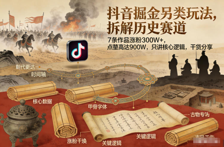 抖音掘金另类玩法，拆解历史赛道，7条作品涨粉300W+，点赞量高达900W，只讲核心逻辑，干货分享-DE云网创