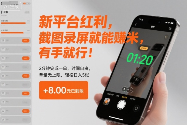 新平台红利，截图录屏就能賺米，有手就行！2分钟完成一单，时间自由，单量无上限，轻松日入5张【揭秘】-DE云网创