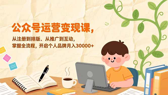 公众号运营变现课，从注册到排版、从推广到互动，掌握全流程，开启个人品牌月入30000+-DE云网创
