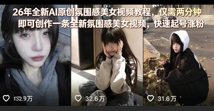 26年全新AI原创氛围感美女视频教程，仅需两分钟即可创作一条全新氛围感美女视频，快速起号涨粉-DE云网创