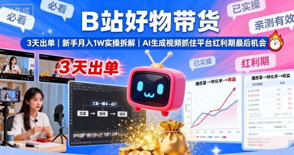 B站好物带货，3天出单，新手月入1W实操拆解，AI生成视频，抓住平台红利期最后机会-DE云网创