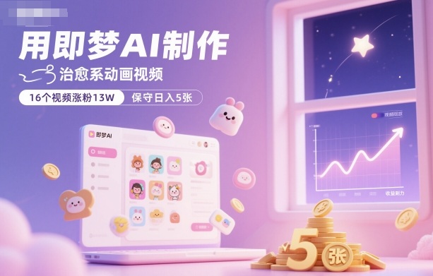 用即梦AI制作治愈系动画视频，16个视频涨粉13W，保守日入5张-DE云网创