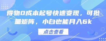 得物0成本起号快速变现，可批量矩阵，小白也能月入6k-DE云网创