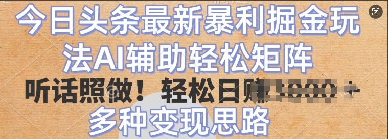 今日头条最新暴利掘金玩法，AI辅助轻松矩阵，听话照做，轻松日入多张，多种变现思路-DE云网创