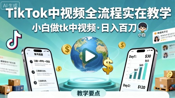 TikTok中视频全流程实操教学,小白做tk中视频,日入百刀-DE云网创