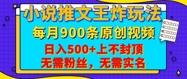小说推文王炸玩法，一键代发，每月最多领900条原创视频，播放量收益日入5张，无需粉丝，无需实名【揭秘】-DE云网创