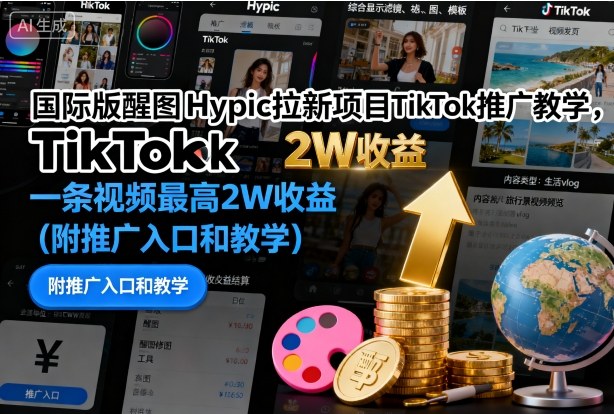 国际版醒图Hypic拉新项目TikTok推广教学，一条视频最高2W收益(附推广入口和教学)-DE云网创