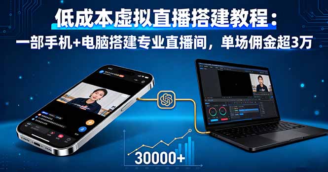 低成本虚拟直播搭建教程：一部手机+电脑搭建专业直播间，单场佣金超3万-DE云网创
