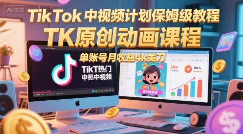 TikTok中视频计划保姆级教程，TK原创动画课程，单账号月收益4k美刀-DE云网创