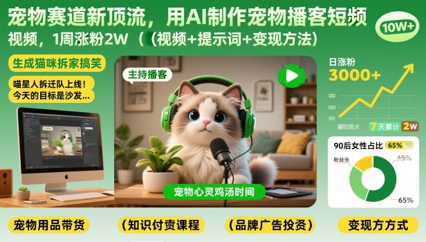 宠物赛道新顶流,用AI制作宠物播客短视频,1周涨粉2W(视频+提示词+变现方法)-DE云网创