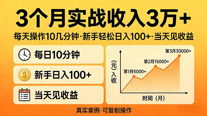 3个月实战收入3万+，每天操作10几分钟，新手轻松日入100+，当天见收益-DE云网创