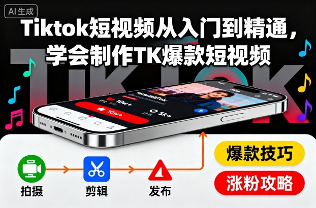 Tiktok短视频从入门到精通，学会制作TK爆款短视频-DE云网创