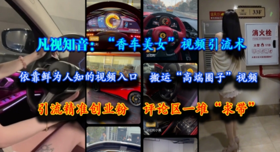 凡视知音：“香车美女”视频引流术，依靠鲜为人知的视频入口，搬运“高端圈子”视频，引流精准创业粉，评论区一堆“求带”-DE云网创