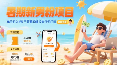暑期新男粉项目 单号日入5张 不需要剪辑  没有任何门槛-DE云网创