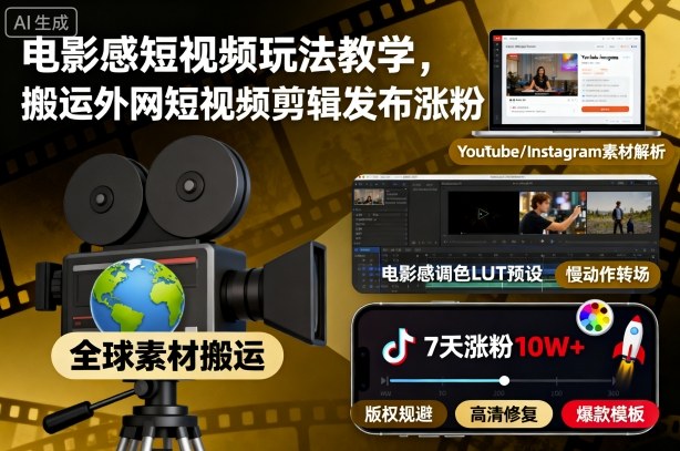 电影感短视频玩法教学，搬运外网短视频剪辑发布涨粉-DE云网创