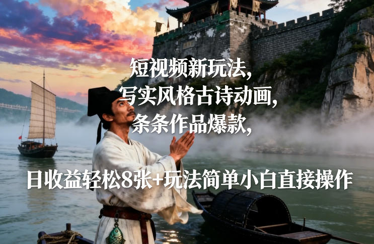 短视频新玩法，写实风格古诗动画，条条作品爆款，日收益轻松8张+玩法简单小白直接操作-DE云网创