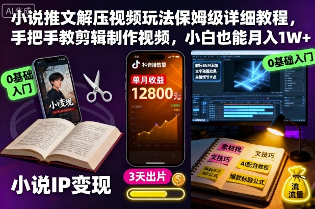 小说推文解压视频玩法保姆级详细教程，手把手教剪辑制作视频，小白也能月入1W+-DE云网创