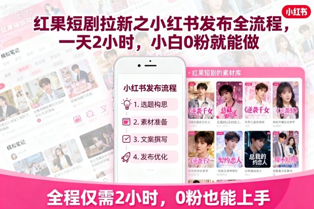 红果短剧拉新之小红书发布全流程，一天2小时，小白0粉就能做-DE云网创
