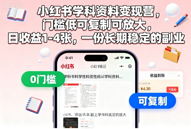 小红书学科资料变现营，门槛低可复制可放大，日收益1-4张，一份长期稳定的副业-DE云网创