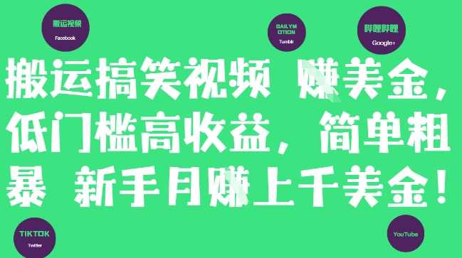 搬运搞笑视频挣美金，低门槛高收益，简单粗暴新手月入上千美刀-DE云网创