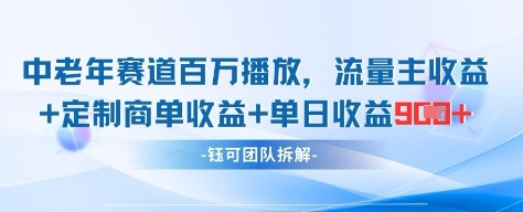 中老年赛道百万播放+流量主收益+定制收益，单日收益9张-DE云网创