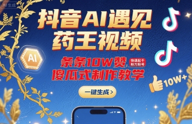 抖音AI遇见药王视频，条条10W赞，快速起千粉万粉号，傻瓜式制作教学-DE云网创