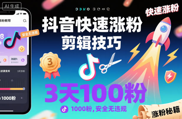 抖音快速涨粉剪辑技巧，3天1000粉，安全无违规-DE云网创