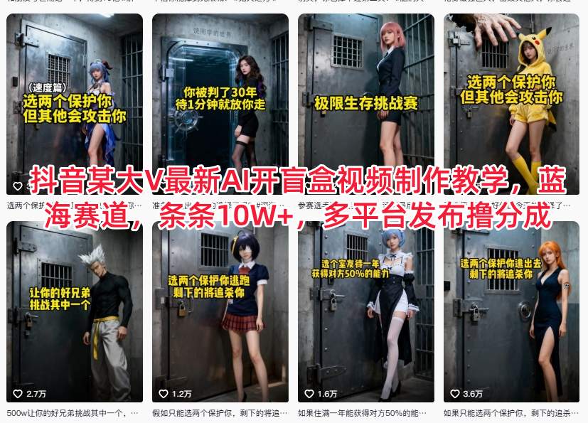 抖音某大V最新AI开盲盒视频制作教学，蓝海赛道，条条10W+，多平台发布撸分成-DE云网创