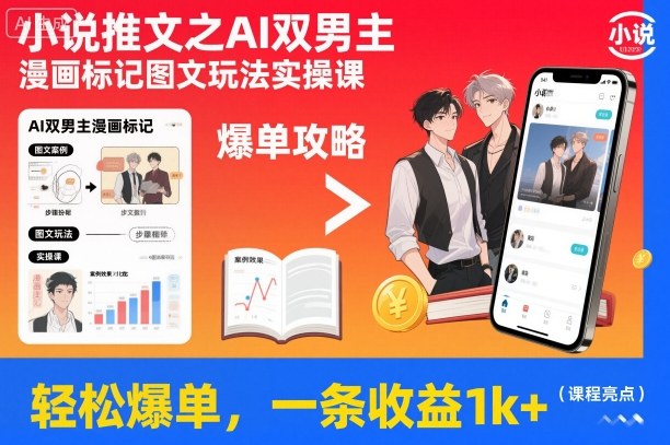 小说推文之AI双男主漫画标记图文玩法实操课，轻松爆单，一条收益1k+-DE云网创