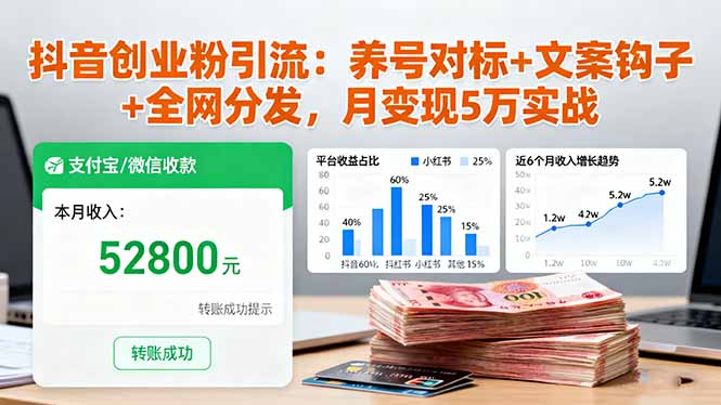 抖音创业粉引流：养号对标+文案钩子+全网分发，月变现5万实战-DE云网创