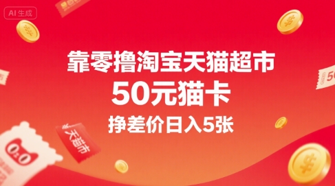 靠零撸淘宝天猫超市50元猫卡，挣差价日入5张-DE云网创