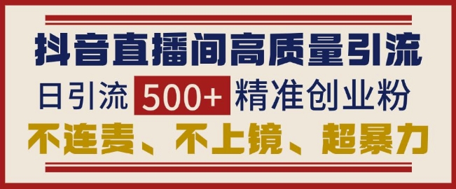 抖音直播间引流创业粉，无需连麦、不用上镜、超暴力，日引流500+高质量精准创业粉-DE云网创