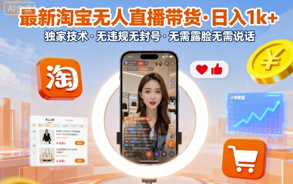 最新淘宝无人直播带货，日入1k+，独家技术，无违规无封号，无需露脸无需说话【揭秘】-DE云网创