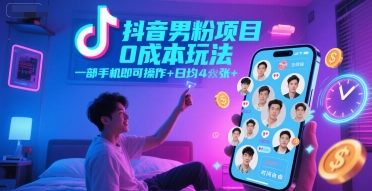 抖音男粉项目0成本玩法，一部手机即可操作，日均4张+，时间自由-DE云网创