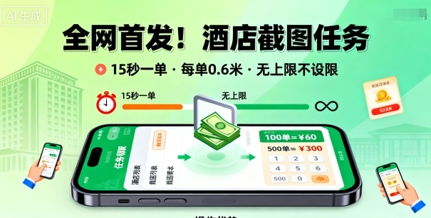 全网首发！酒店截图任务，15秒一单，每单0.6米，任务无上限不设限，矩阵操作单日3张到手【揭秘】-DE云网创