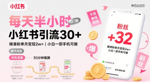 每天半小时小红书引流30+，精准粉单月变现2w+，小白新手一部手机可做，今天5分钟硬核实操-DE云网创