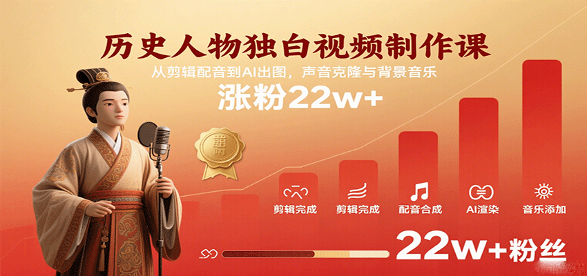 历史人物独白视频制作课，从剪辑配音到AI出图，声音克隆与背景音乐，涨粉22w+插图