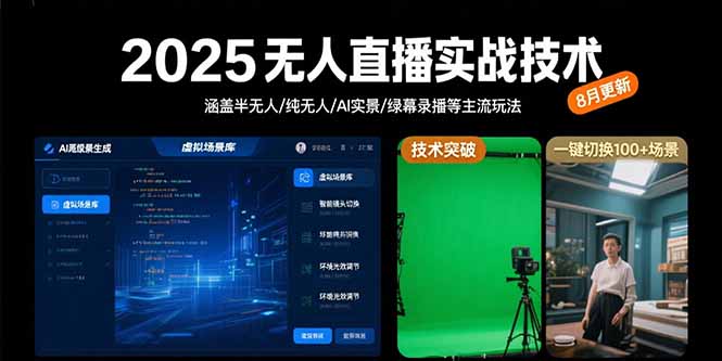 （15621期）2025无人直播实战技术-8月，涵盖半无人/纯无人/AI实景/绿幕录播等主流玩法-DE云网创